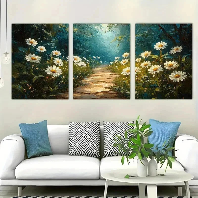 3pcs Serene Nature Scene White Daisies Perfect Wall Art Set Canvas Framed 60x90cm - High Quality Print 100% Australian Made Wall Canvas Ready to Hang - Bella Home Decor