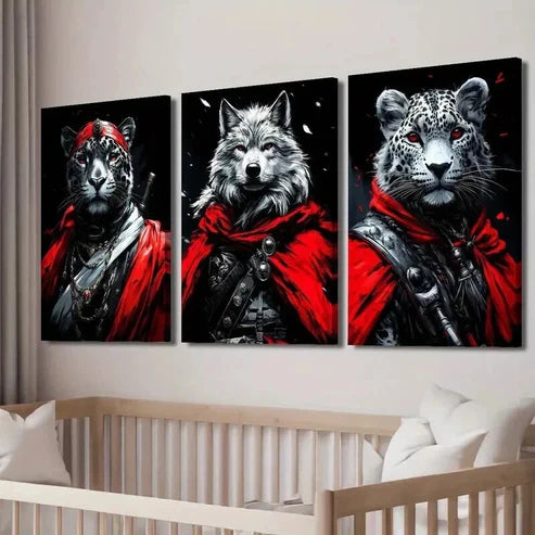 3pcs Red-Cloaked Wolf Leopard & Tiger Wall Art Set Canvas Unframed - High Quality Print 100% Australian Made Wall Canvas