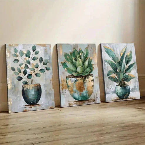 3pcs Green Botanical Succulent Paintings Wall Art Canvas Unframed - High Quality Print 100% Australian Made Wall Canvas