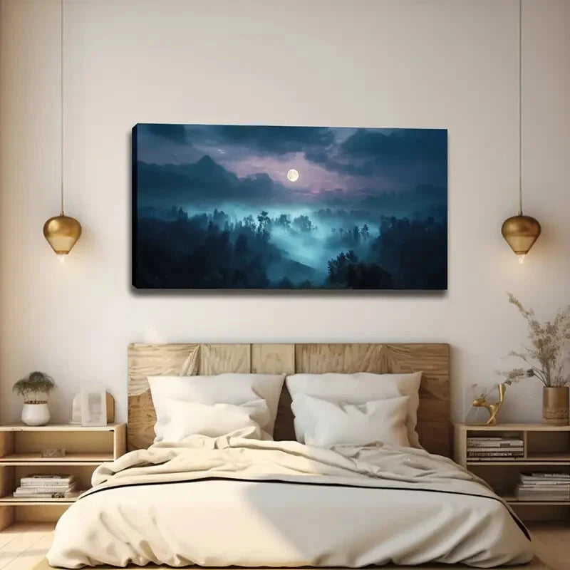 Moon & Purple Blue Gradient Wall Art canvas office home room framed 120x60cm - Bella Home Decor