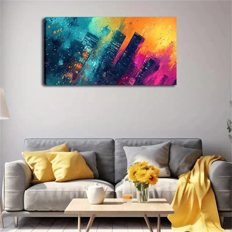 Vibrant Cityscape Splash Smudge Wall Art Canvas Office Home Room Framed 120x60cm