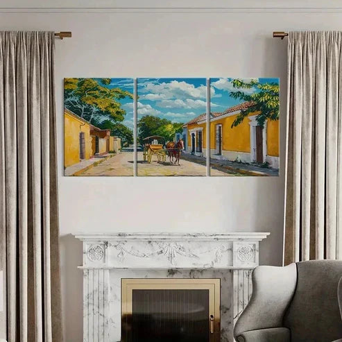3pcs Horse Drawn Carriage Yellow Buildings Wall Art Canvas Unframed - High Quality Print 100% Australian Made Wall Canvas