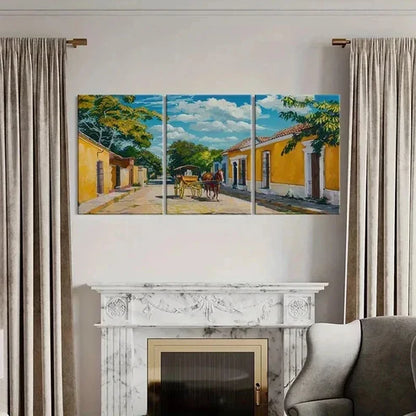 3pcs Horse Drawn Carriage Yellow Buildings Wall Art Canvas Unframed - High Quality Print 100% Australian Made Wall Canvas