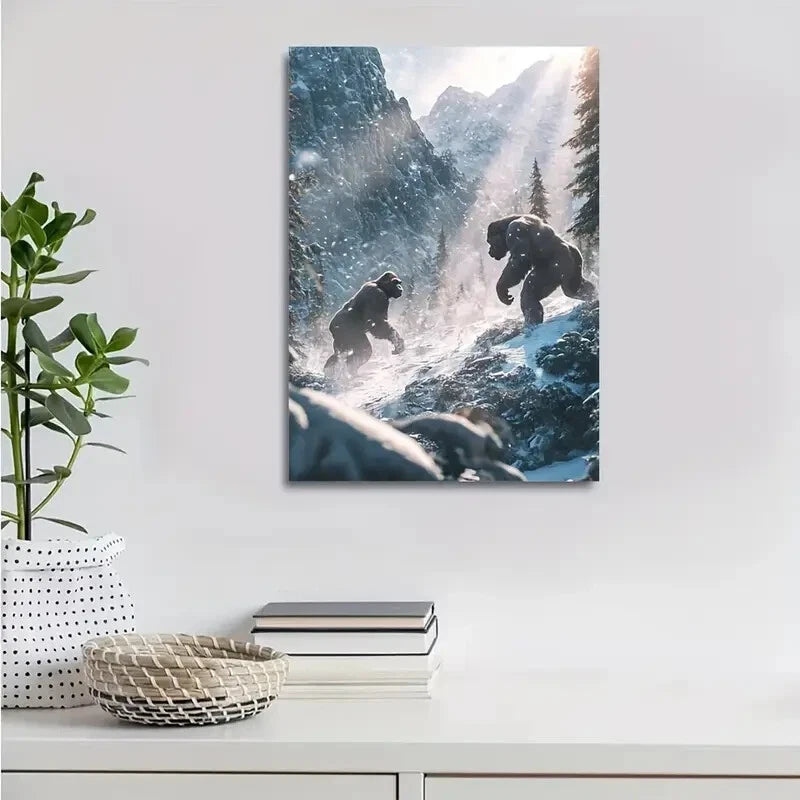 Dreamlike Scene of Gorilla Chasing Snowy Painting 40x60cm Metal Print Ready to Hang - Bella Home Decor