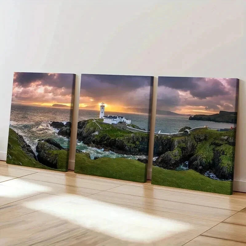 3pcs Irish Coast Scenery Fanad Head Lighthouse Wall Art Set Canvas Framed 40x60cm - High Quality Print 100% Australian Made Wall Canvas Ready to Hang - Bella Home Decor
