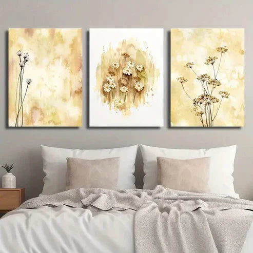 3pcs Botanical Wildflowers Beige Mustard Ochre Wall Art Set Canvas Unframed - High Quality Print 100% Australian Made Wall Canvas - Bella Home Decor