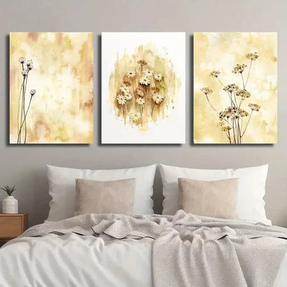 3pcs Botanical Wildflowers Beige Mustard Ochre Wall Art Set Canvas Unframed - High Quality Print 100% Australian Made Wall Canvas - Bella Home Decor