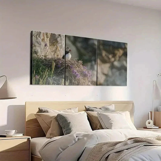 3pcs A Puffin is Sitting on the Edge of its Nest Wall Art Set Canvas Framed 50x70cm - High Quality Print 100% Australian Made Wall Canvas Ready to Hang