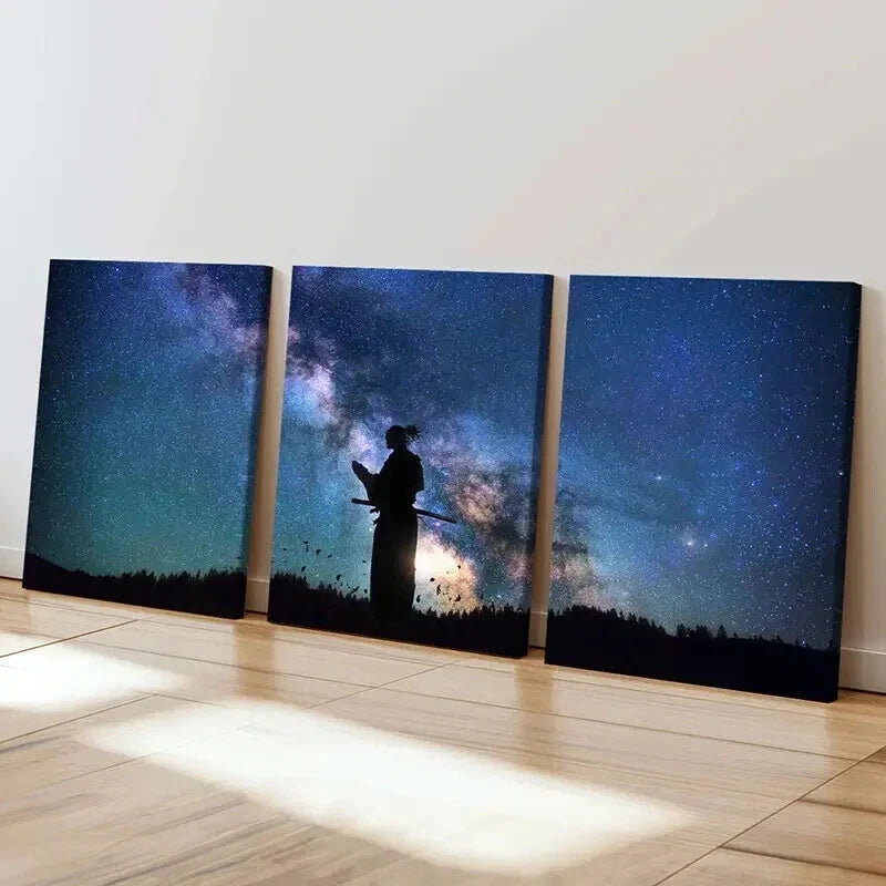 3pcs Starry Night Sky with Silhouette Swordsman Wall Art Set Canvas Framed 40x60cm - High Quality Print 100% Australian Made Wall Canvas Ready to Hang - Bella Home Decor