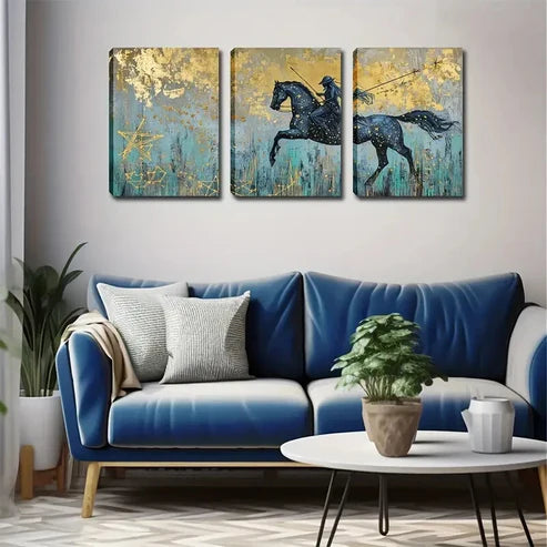 3pcs Realistic Starry Night Black Horse Perfect Wall Art Canvas Unframed - High Quality Print 100% Australian Made Wall Canvas