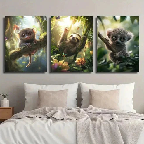 3pcs Adorable Tarsier & Sloth in Lush Greenery Wall Art Canvas Unframed - High Quality Print 100% Australian Made Wall Canvas
