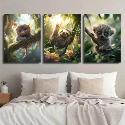 3pcs Adorable Tarsier & Sloth in Lush Greenery Wall Art Canvas Unframed - High Quality Print 100% Australian Made Wall Canvas