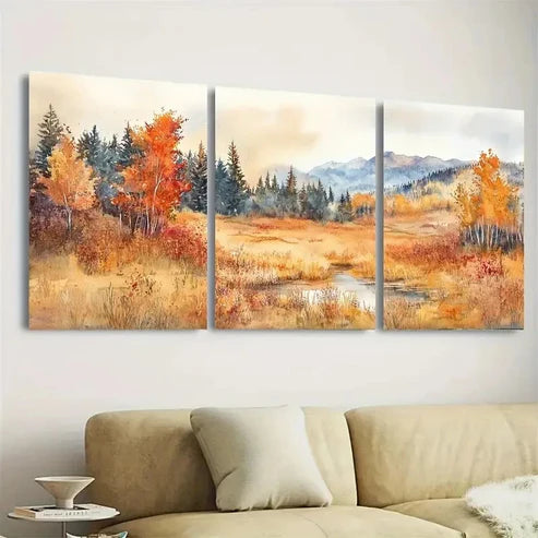 3pcs Fall Forest River Scene with Maple Trees Wall Art Set Canvas Unframed - High Quality Print 100% Australian Made Wall Canvas