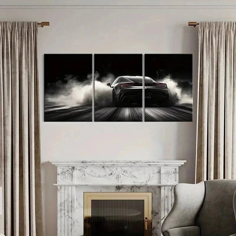3pcs Black Sports Car Supercar with Smoke Wall Art Set Canvas Framed 60x90cm - High Quality Print 100% Australian Made Wall Canvas Ready to Hang - Bella Home Decor