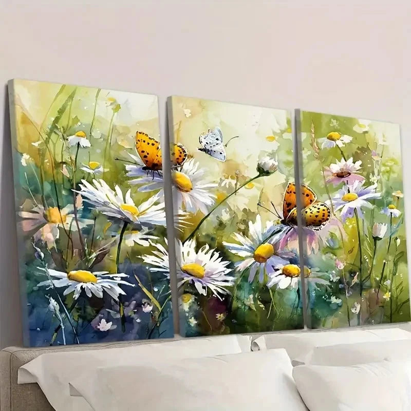 3pcs Butterflies on Daisies in Spring Meadow Wall Art Set Canvas Framed 60x90cm - High Quality Print 100% Australian Made Wall Canvas Ready to Hang - Bella Home Decor
