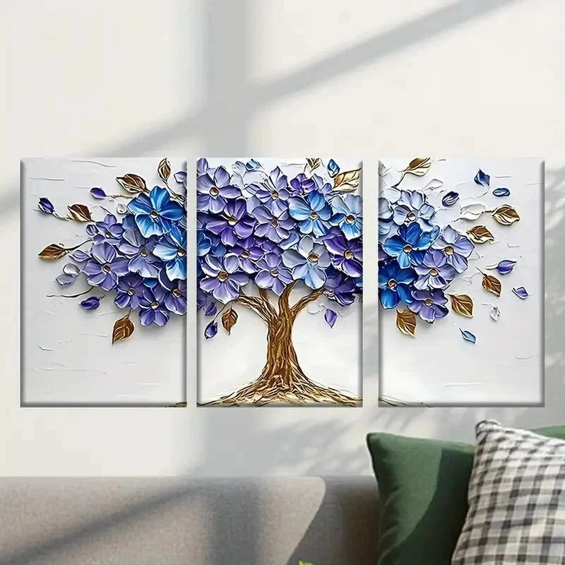 3pcs Painting of a Tree with Purple Flowers Wall Art Set Canvas Framed 50x70cm - High Quality Print 100% Australian Made Wall Canvas Ready to Hang