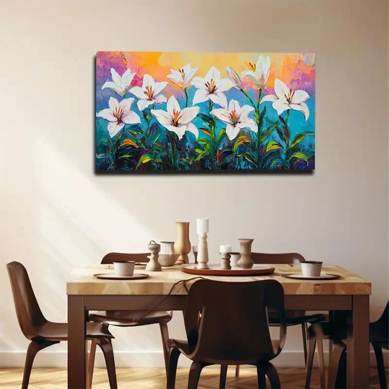 Dining room with a colorful floral painting on the wall above a wooden table.