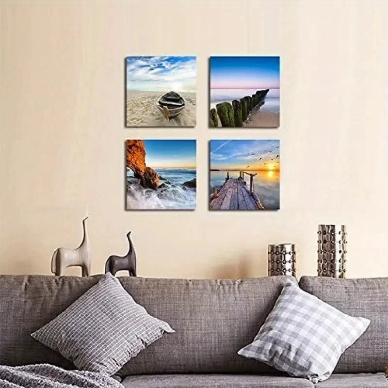 4pcs Wieco Art Beach Pictures Wall Art Canvas Framed