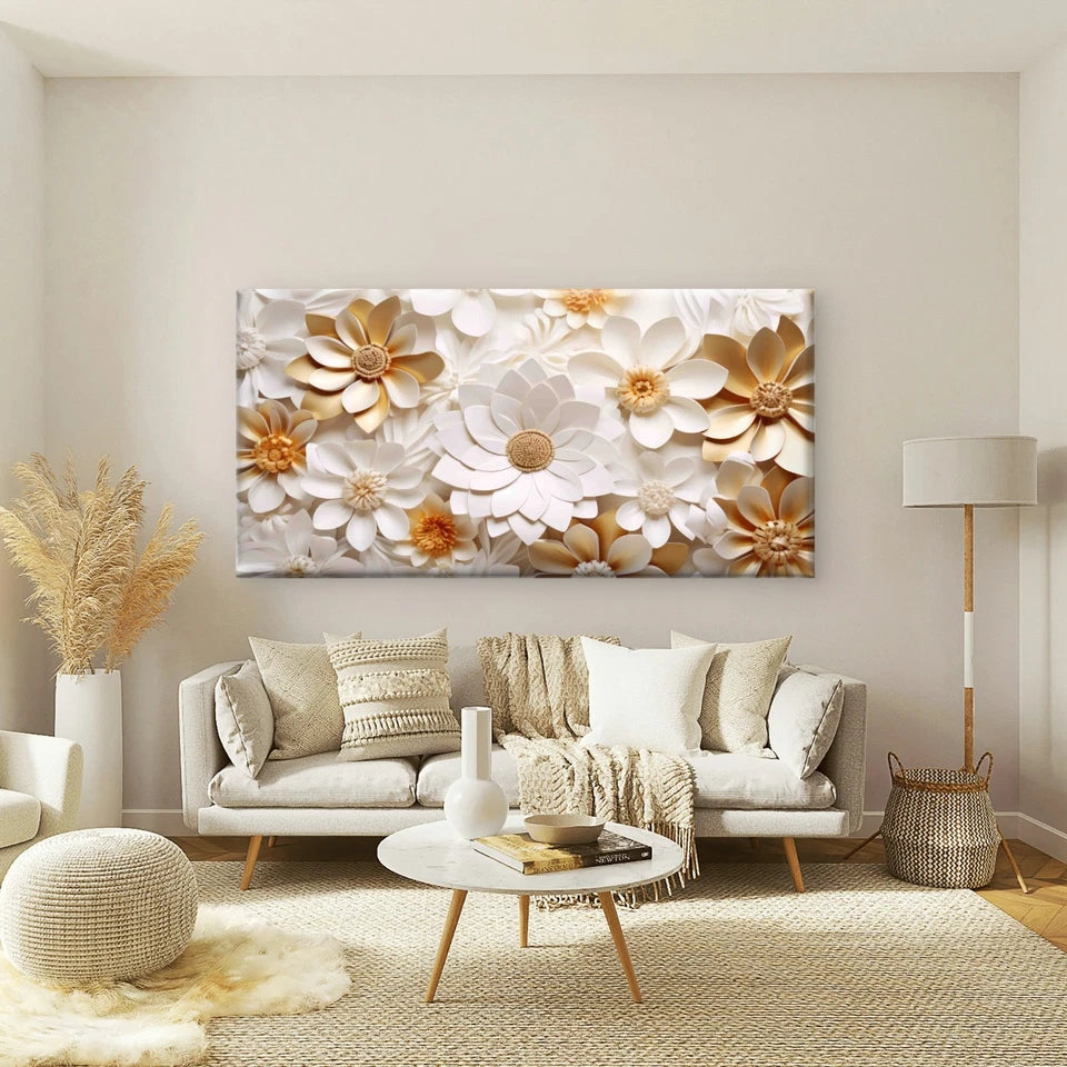 Elegant Gold White Paper Flower Wall Art Canvas Office Home Room Framed 120x60cm - Bella Home Decor