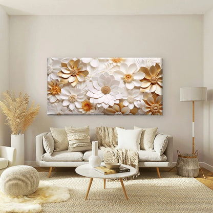 Elegant Gold White Paper Flower Wall Art Canvas Office Home Room Framed 120x60cm - Bella Home Decor
