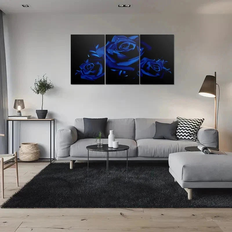 3pcs Modern Abstract Floral Blue Rose Metal Print Ready to Hang Art