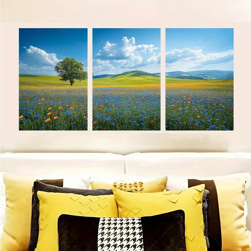 3pcs Blue Sky and Green Fields Nature  Wall Art Set Canvas Framed 50x70cm - High Quality Print 100% Australian Made Wall Canvas Ready to Hang - Bella Home Decor