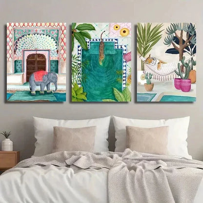 3pcs Moroccan Nordic Jungle Elephant Tiger Wall Art Canvas Unframed - High Quality Print 100% Australian Made Wall Canvas