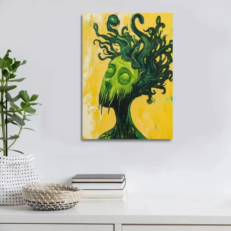 Featuring an Abstract Green Haired Monster Painting 40x60cm Metal Print Ready to Hang - Bella Home Decor