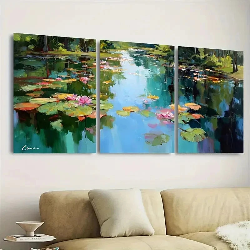 3pcs Elegant Pond With Greenery Lilies Wall Art Set Canvas Framed 50x70cm - High Quality Print 100% Australian Made Wall Canvas Ready to Hang