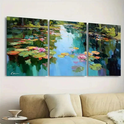 3pcs Elegant Pond With Greenery Lilies Wall Art Set Canvas Framed 50x70cm - High Quality Print 100% Australian Made Wall Canvas Ready to Hang