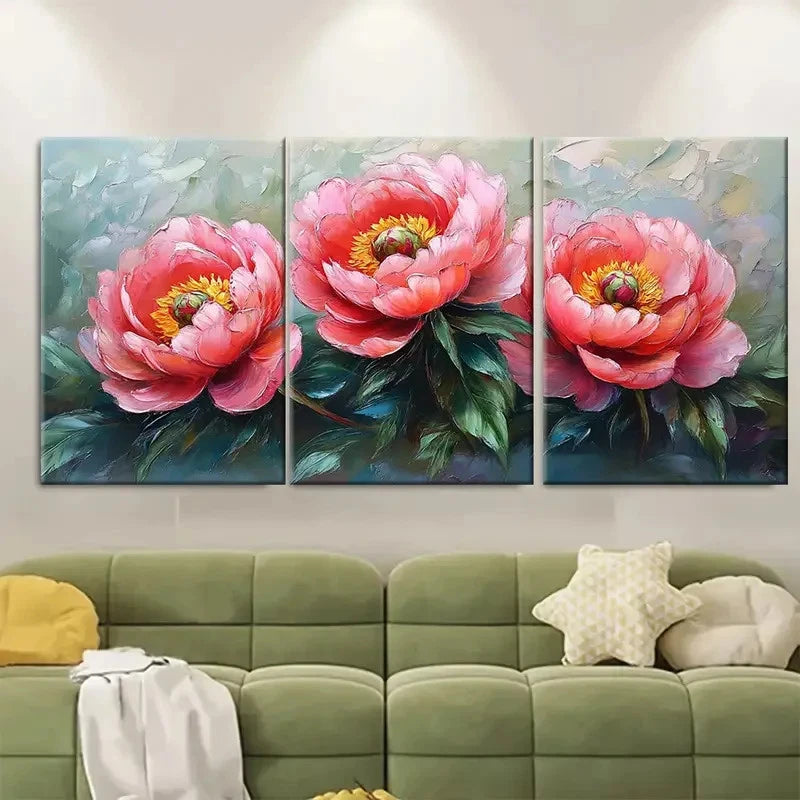 3pcs Peonies Impasto Flowers Décor Perfect Wall Art Set Canvas Framed 60x90cm - High Quality Print 100% Australian Made Wall Canvas Ready to Hang
