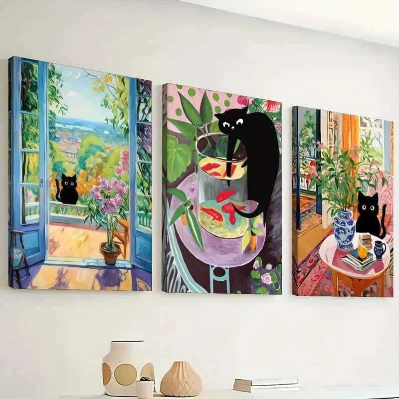 3pcs Cat and Flowers Artwork, Serene  Wall Art Set Canvas Framed 50x70cm - High Quality Print 100% Australian Made Wall Canvas Ready to Hang - Bella Home Decor