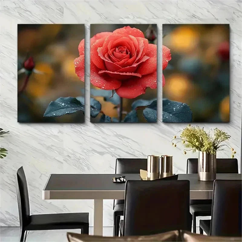 3pcs Elegant Red Rose Floral Décor Perfect Wall Art Set Canvas Framed 50x70cm - High Quality Print 100% Australian Made Wall Canvas Ready to Hang