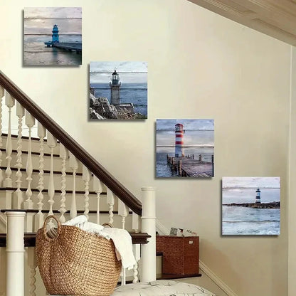 4pcs Nautical Lighthouse Wall Art Canvas Framed