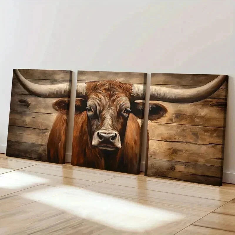 3pcs Vintage Rustic Texas Longhorn Cow  Wall Art Set Canvas Framed 60x90cm - High Quality Print 100% Australian Made Wall Canvas Ready to Hang - Bella Home Decor