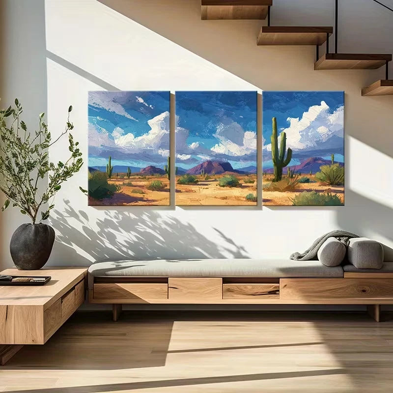 3pcs Vibrant Cactus & Australian Mountain  Wall Art Set Canvas Framed 50x70cm - High Quality Print 100% Australian Made Wall Canvas Ready to Hang