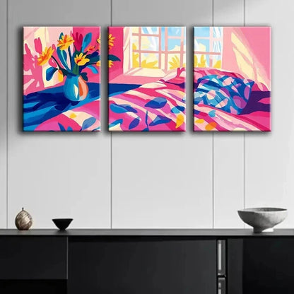 3pcs Illustration of Bedroom Colorful Perfect Wall Art Set Canvas Framed 60x90cm - High Quality Print 100% Australian Made Wall Canvas Ready to Hang