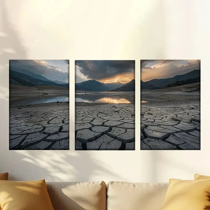 3pcs Drought with Serene Lake & Mountains 50x70cm - High Quality Print 100% Australian Made Wall Canvas Ready to Hang - Bella Home Decor