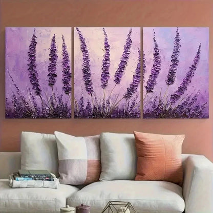 3pcs Lavender Flower Purple Floral Perfect Wall Art Set Canvas Framed 50x70cm - High Quality Print 100% Australian Made Wall Canvas Ready to Hang