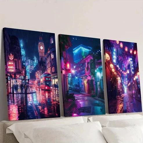 3pcs City Night Scene under Neon Lights Wall Art Canvas Unframed - High Quality Print 100% Australian Made Wall Canvas - Bella Home Decor