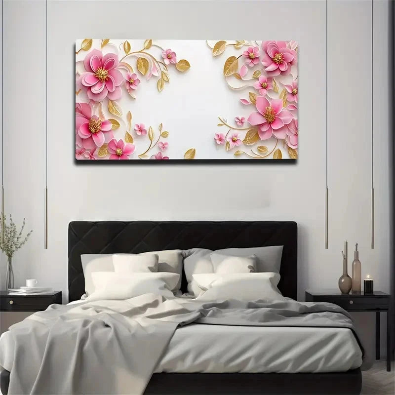 Pink Floral Design Golden Wall Art Canvas Office Home Room Framed 120x60cm