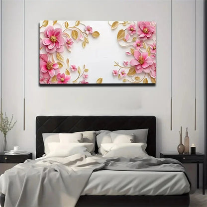 Pink Floral Design Golden Wall Art Canvas Office Home Room Framed 120x60cm