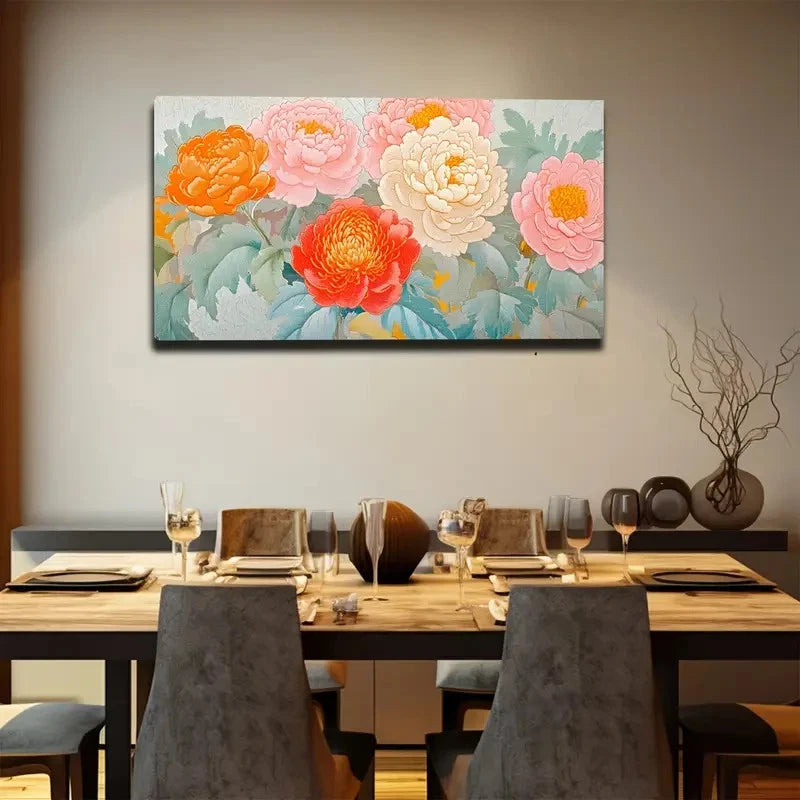 Dining room with a floral painting on the wall
