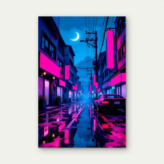 Neon City Street Night 60x90 cm Metal Print Ready to Hang