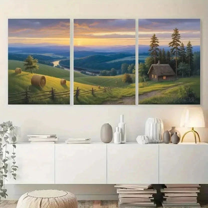 3pcs  Wooden Fence, Sunset, River, Pine Tree  Wall Art Set Canvas Framed 40x60cm - High Quality Print 100% Australian Made Wall Canvas Ready to Hang - Bella Home Decor