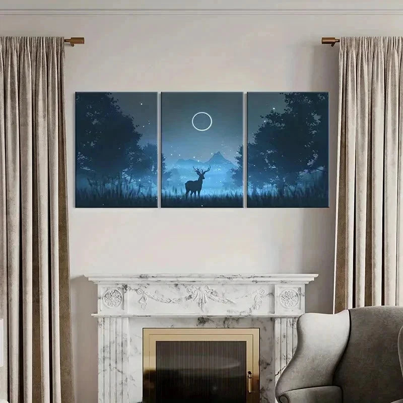 3pcs Fantasy Cartoon Night with an Elk Modern Wall Art Set Canvas Framed 50x70cm - High Quality Print 100% Australian Made Wall Canvas Ready to Hang - Bella Home Decor