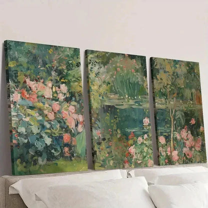 3pcs Vintage Garden Pond & Water Lilies Wall Art Canvas Unframed - High Quality Print 100% Australian Made Wall Canvas