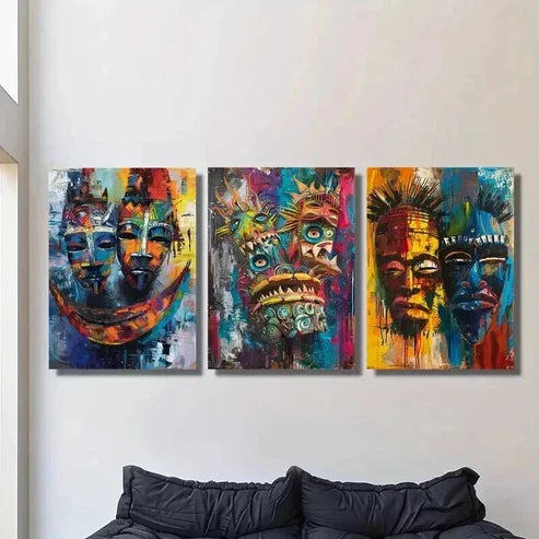 3pcs Abstract Masks Vibrant African Face  Set Canvas Unframed - High Quality Print 100% Australian Made Wall Canvas - Bella Home Decor