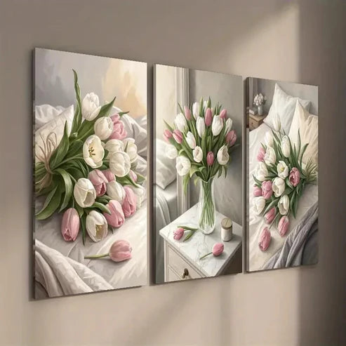3pcs Tulip Flower Bouquet Botanical Flower Wall Art Set Canvas Unframed - High Quality Print 100% Australian Made Wall Canvas