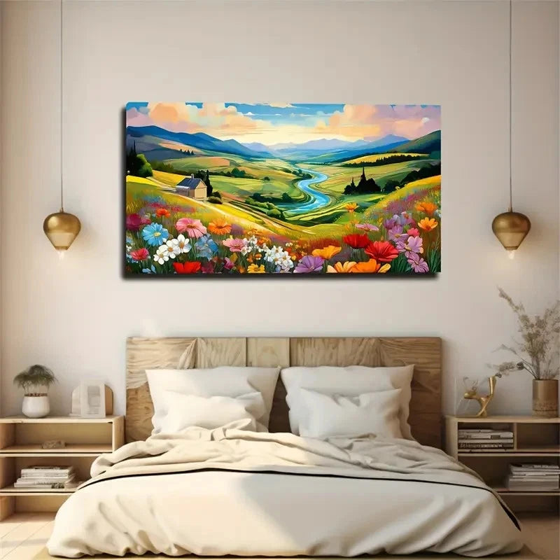 River Prairie Wildflower Nice Wall Art Canvas Office Home Room Framed 120x60cm